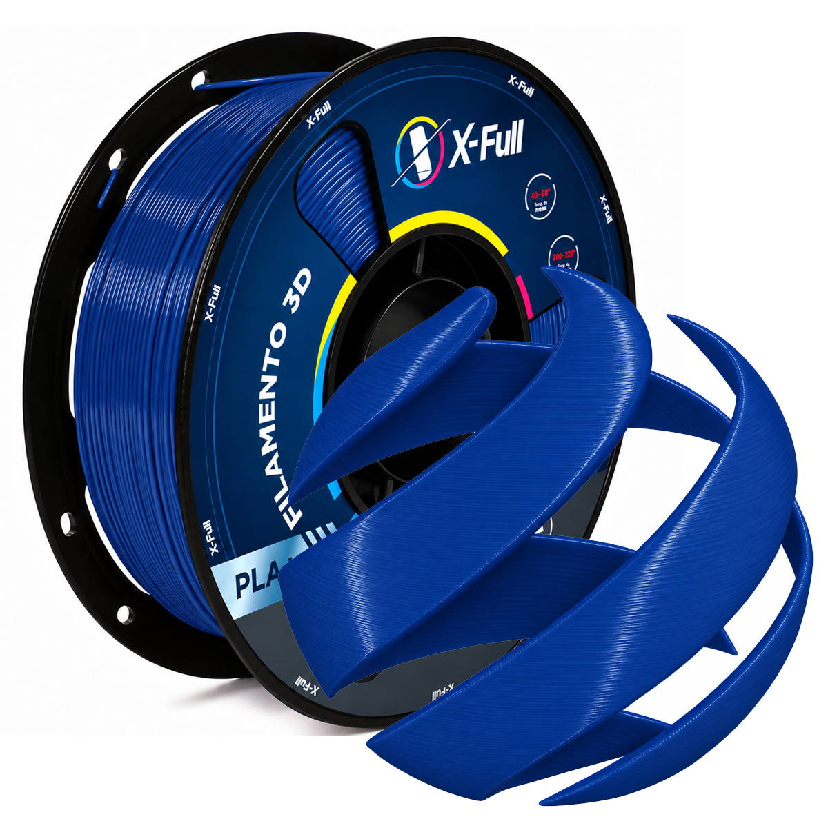 PLA+ azul safira X-Full — foto real do carretel e exemplo impresso do catálogo
