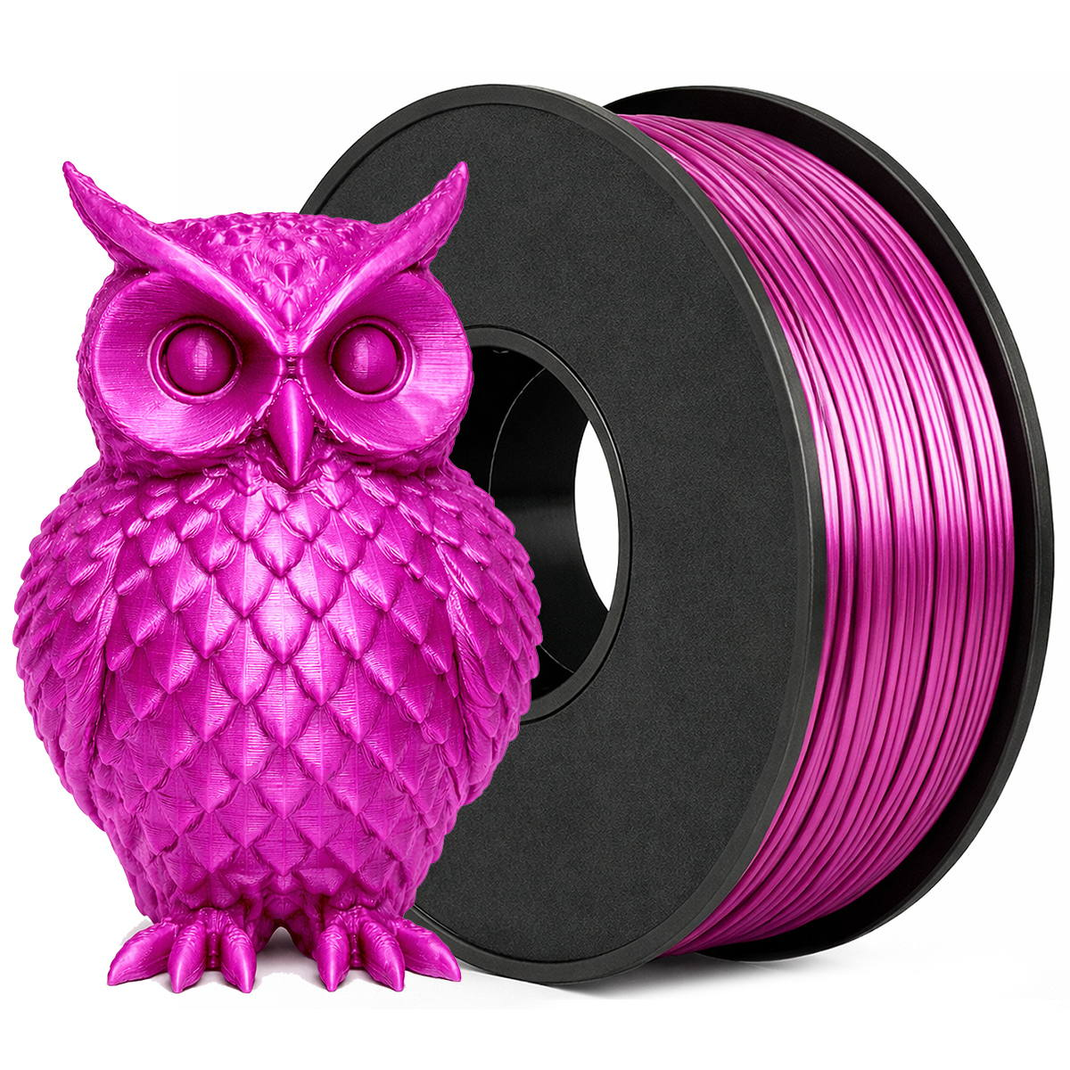 PLA Silk Fuchsia Masterprint — foto real do carretel e exemplo impresso do catálogo